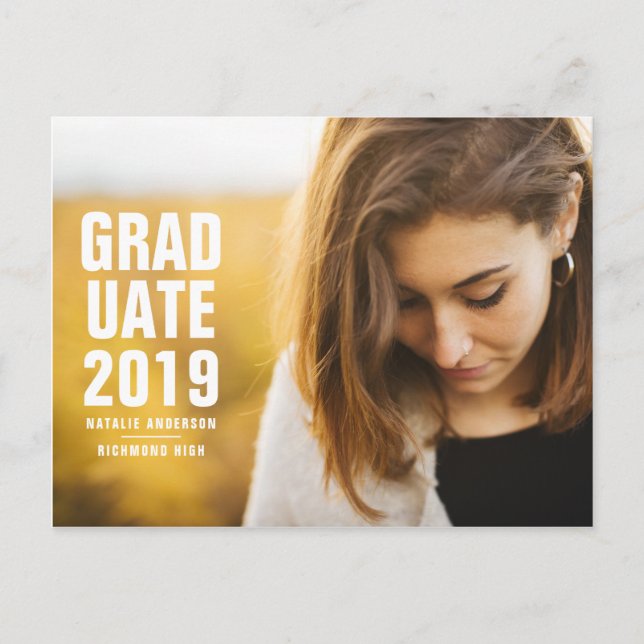 Bold modern 2019 graduate invitation postcard (Front)