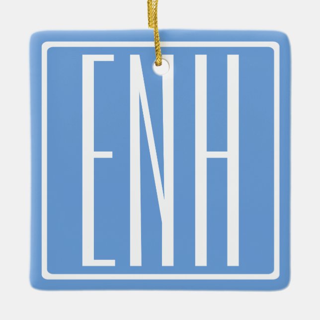 Bold Modern 3 Initials Monogram | Soft Blue Ceramic Ornament (Front)