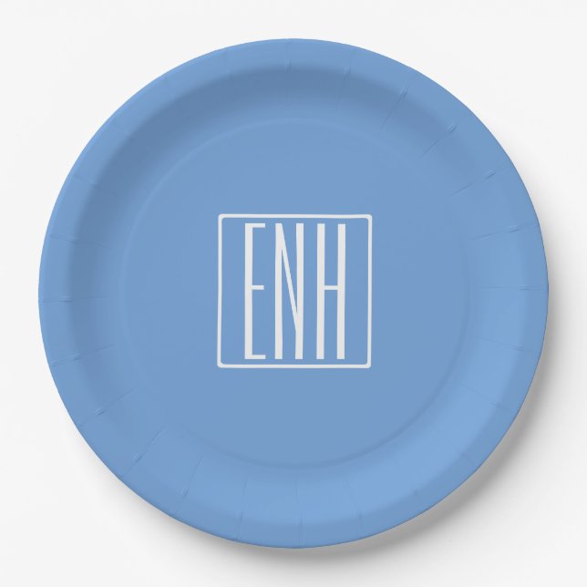Bold Modern 3 Initials Monogram | Soft Blue Paper Plate (Front)