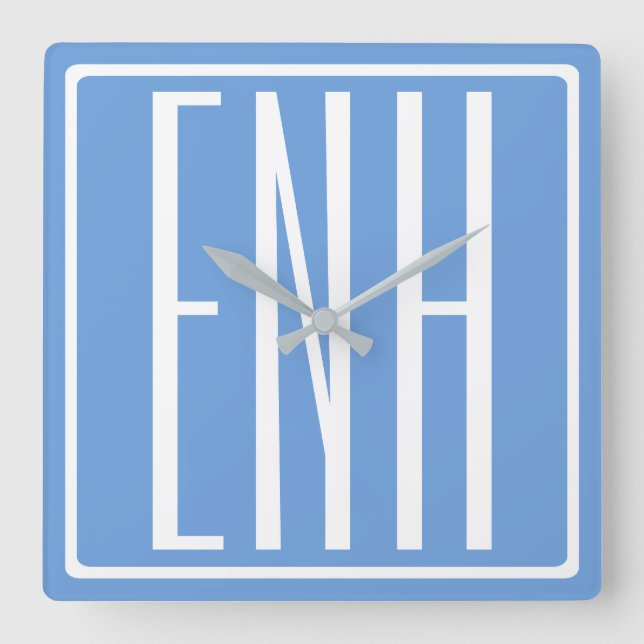 Bold Modern 3 Initials Monogram | Soft Blue Square Wall Clock (Front)