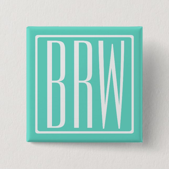 Bold Modern 3 Initials Monogram | White On Aqua 15 Cm Square Badge (Front)