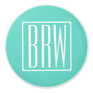Bold Modern 3 Initials Monogram White On Aqua Ceramic Knob