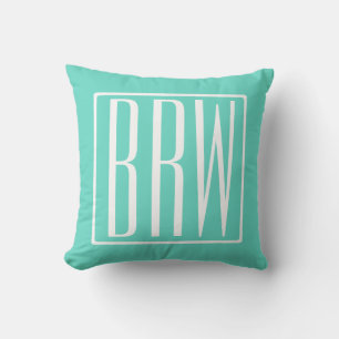 Bold Modern 3 Initials Monogram White On Aqua Cushion