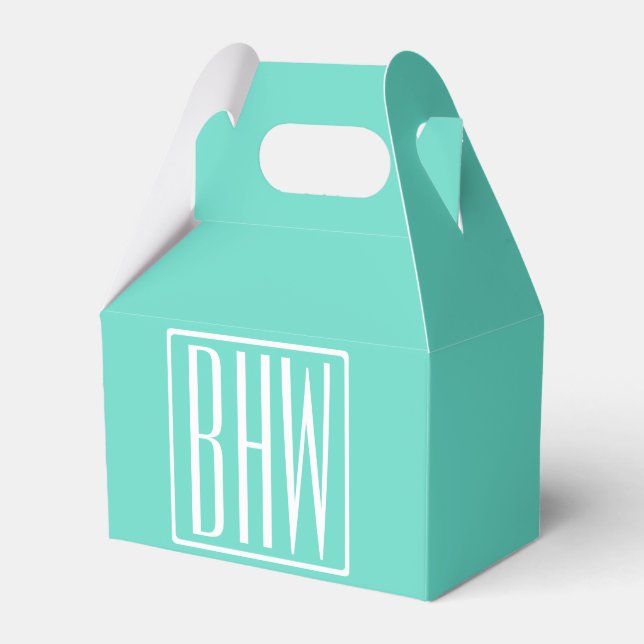 Bold Modern 3 Initials Monogram | White On Aqua Favour Box (Front Side)