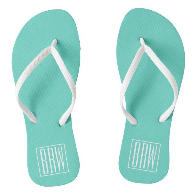 Bold Modern 3 Initials Monogram | White On Aqua Flip Flops (Footbed)