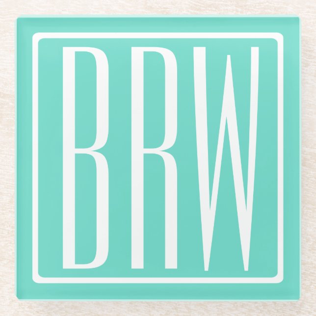 Bold Modern 3 Initials Monogram | White On Aqua Glass Coaster (Front)
