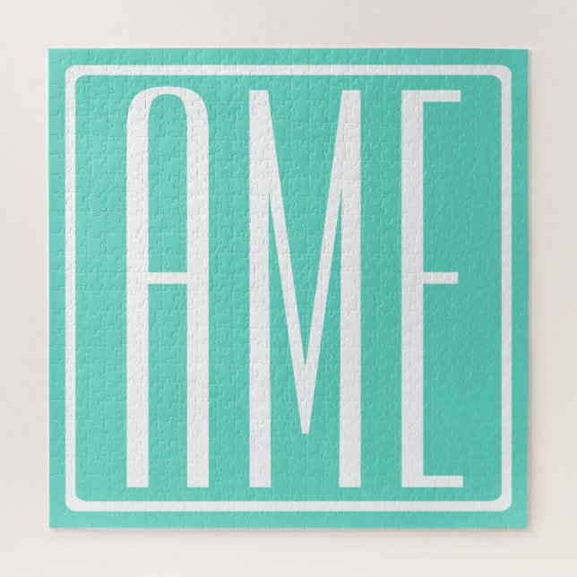 Bold Modern 3 Initials Monogram | White On Aqua Jigsaw Puzzle (Vertical)