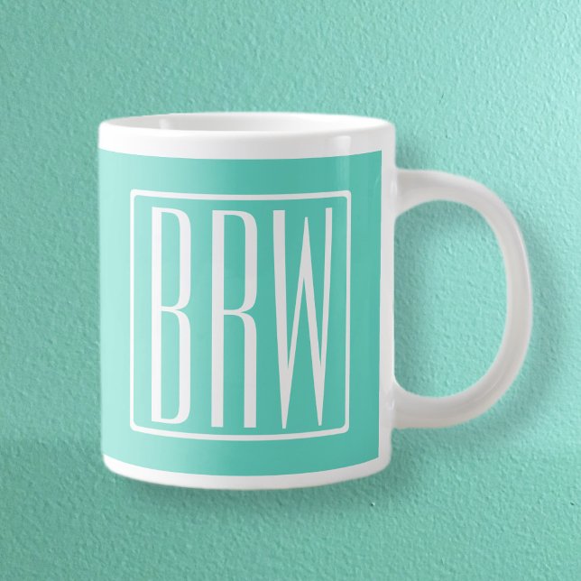Bold Modern 3 Initials Monogram | White On Aqua Large Coffee Mug (Creator Uploaded)