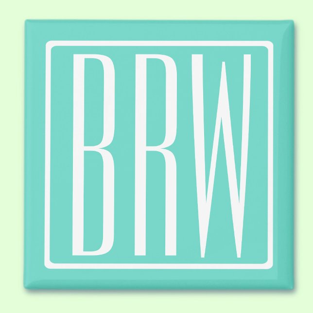 Bold Modern 3 Initials Monogram | White On Aqua Magnet (Creator Uploaded)
