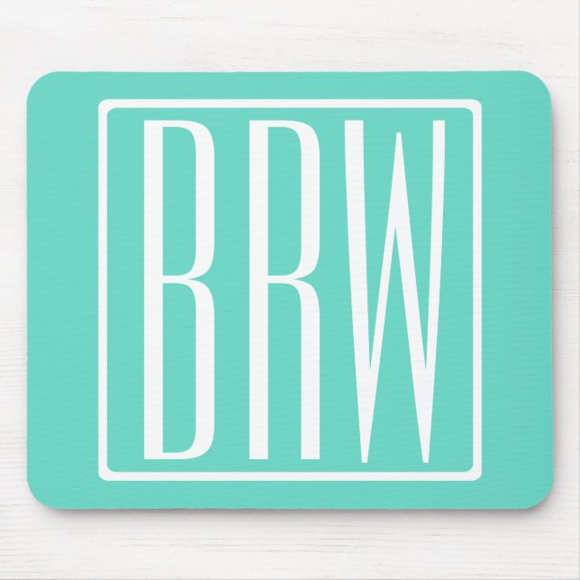 Bold Modern 3 Initials Monogram | White On Aqua Mouse Mat (Front)