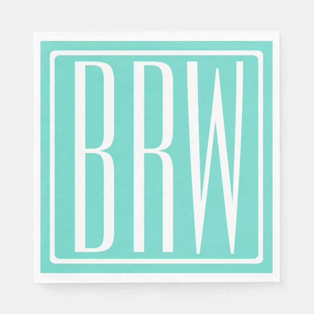 Bold Modern 3 Initials Monogram | White On Aqua Napkin (Front)