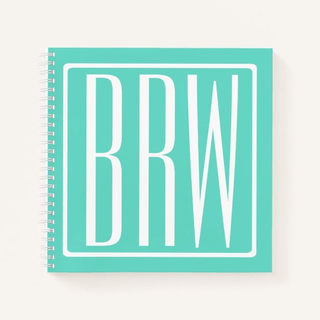 Bold Modern 3 Initials Monogram | White On Aqua Notebook (Front)