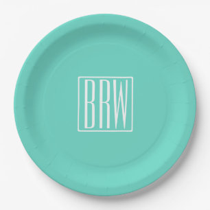 Bold Modern 3 Initials Monogram   White On Aqua Paper Plate