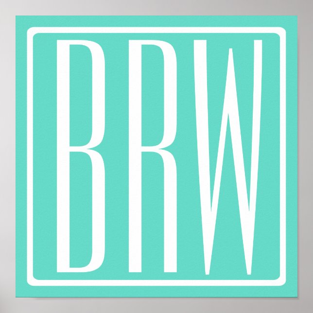 Bold Modern 3 Initials Monogram | White On Aqua Poster (Front)