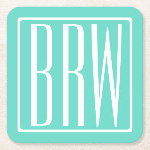 Bold Modern 3 Initials Monogram   White On Aqua Square Paper Coaster