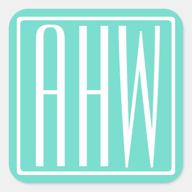 Bold Modern 3 Initials Monogram | White On Aqua Square Sticker (Front)