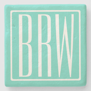 Bold Modern 3 Initials Monogram   White On Aqua Stone Coaster