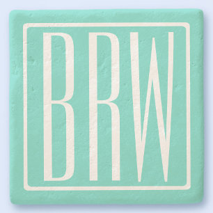 Bold Modern 3 Initials Monogram   White On Aqua Stone Coaster