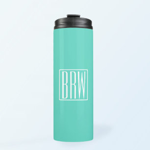 Bold Modern 3 Initials Monogram   White On Aqua Thermal Tumbler