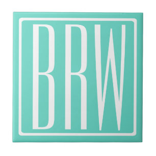 Bold Modern 3 Initials Monogram White On Aqua Tile