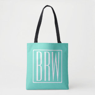 Bold Modern 3 Initials Monogram   White On Aqua Tote Bag