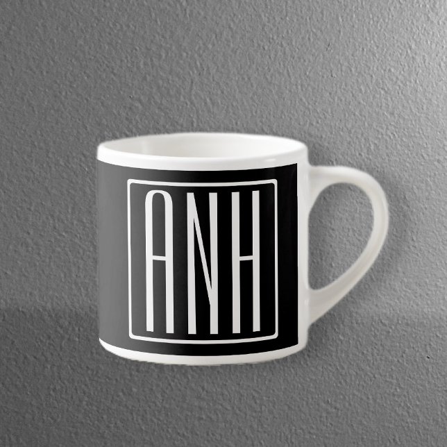 Bold Modern 3 Initials Monogram | White On Black Espresso Cup (Creator Uploaded)