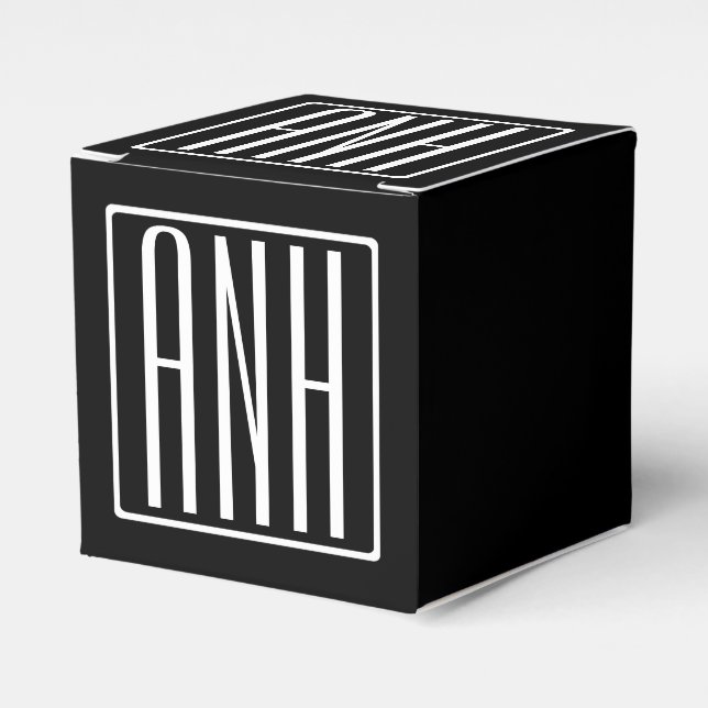 Bold Modern 3 Initials Monogram | White On Black Favour Box (Front Side)