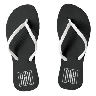 Bold Modern 3 Initials Monogram White On Black Flip Flops