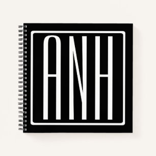 Bold Modern 3 Initials Monogram White On Black Notebook