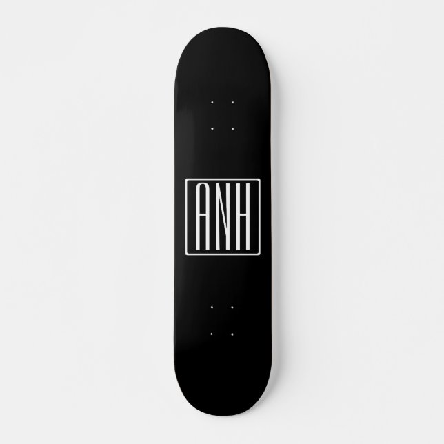 Bold Modern 3 Initials Monogram | White On Black Skateboard (Front)