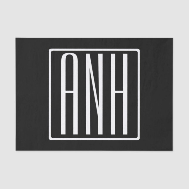 Bold Modern 3 Initials Monogram | White On Black Tissue Paper (Front)