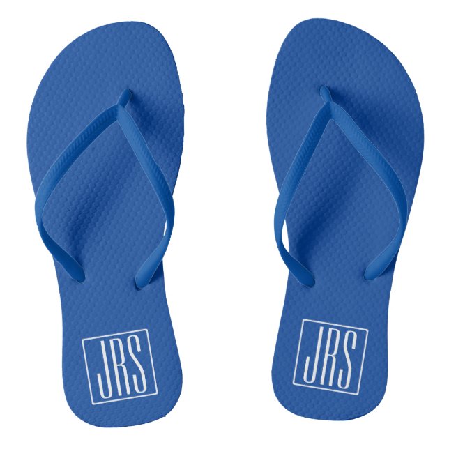 Bold Modern 3 Initials Monogram | White On Blue Flip Flops (Footbed)