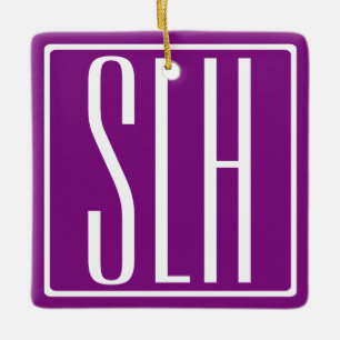 Bold Modern 3 Initials Monogram   White & Purple Ceramic Ornament