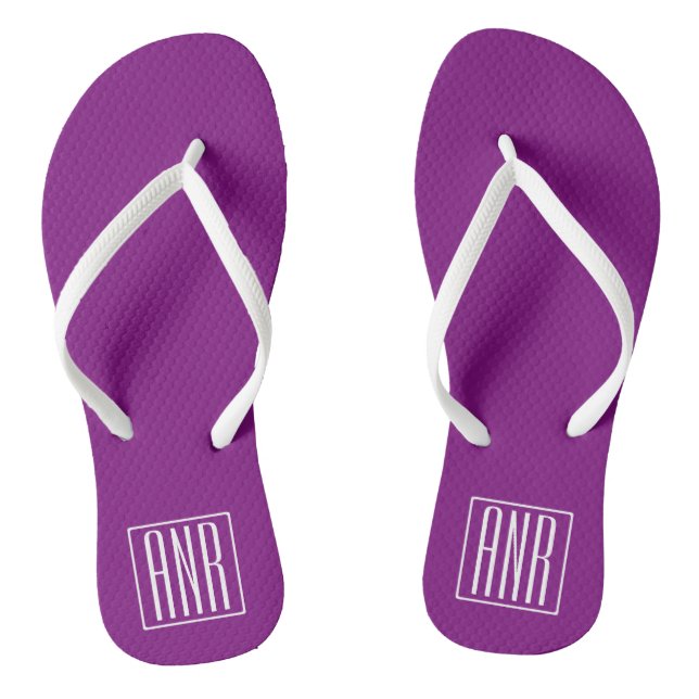 Bold Modern 3 Initials Monogram | White & Purple Flip Flops (Footbed)