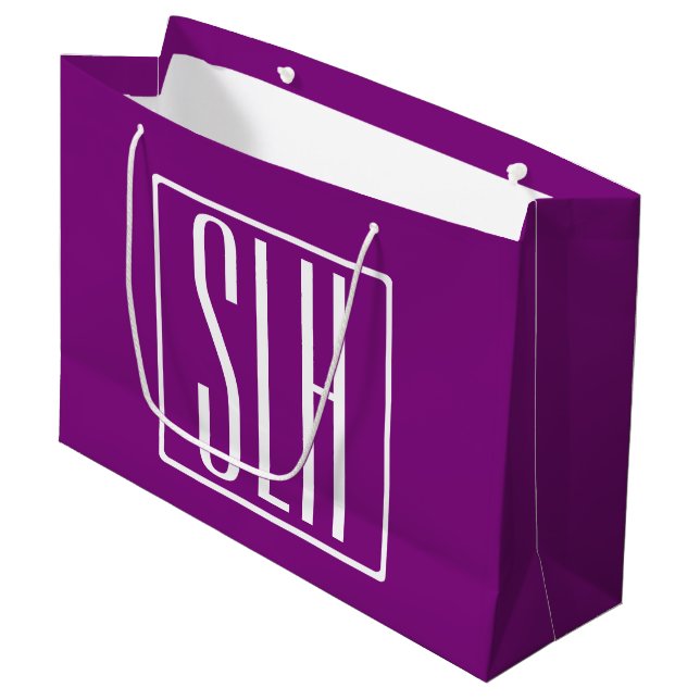 Bold Modern 3 Initials Monogram | White & Purple Large Gift Bag (Front Angled)