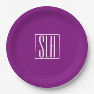 Bold Modern 3 Initials Monogram   White & Purple Paper Plate