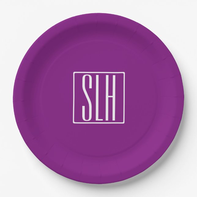 Bold Modern 3 Initials Monogram | White & Purple Paper Plate (Front)