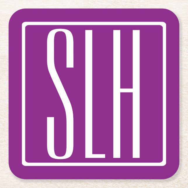 Bold Modern 3 Initials Monogram | White & Purple Square Paper Coaster (Front)