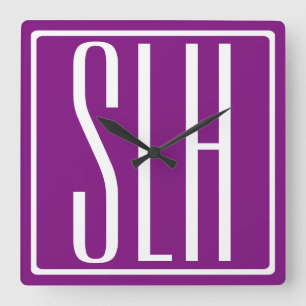 Bold Modern 3 Initials Monogram White & Purple Square Wall Clock