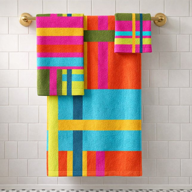 Bold Modern Abstract Geometric Plaid Bath Towel Set (India inspired towel set showing a geometric mix of abstract stripes, creating a fun plaid variation)