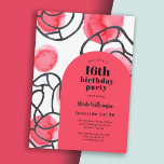 Bold Modern Abstract Pattern 16th Birthday Party Invitation<br><div class="desc">Set the tone for a fabulous Sweet 16, 16th birthday party celebration with this designer look invitation in bold coral, black and white. Abstract shapes in watercolors and sketched lines flow over a contrasting white background in a stylish explosion of colour. A matching brilliant coral arch frame surrounds your text...</div>