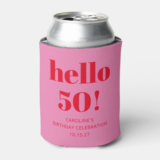 Bold Modern Aesthetic Pink and Red 50th Birthday Can Cooler (Can Front)