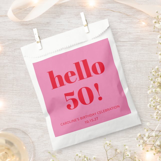 Bold Modern Aesthetic Pink and Red 50th Birthday Favour Bags (Clipped)