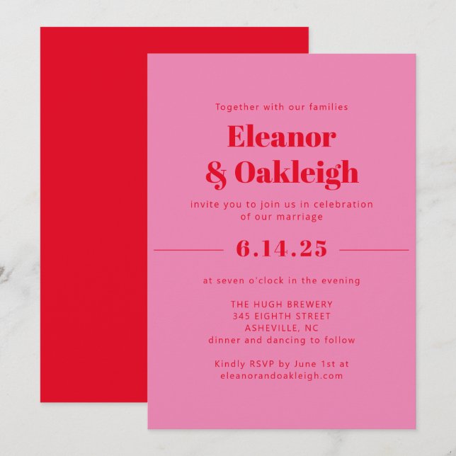 Bold Modern Aesthetic Pink and Red Wedding Invitation (Front/Back)