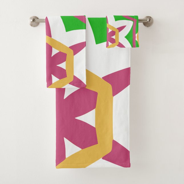 Bold Modern asymmetrical pink yellow green Bath Towel Set (Insitu)