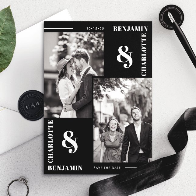  Bold Modern Black Two Photo Save the Date Card (Creator Uploaded)