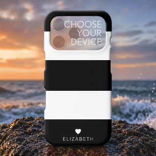Bold Modern Black White Striped Pattern with Heart