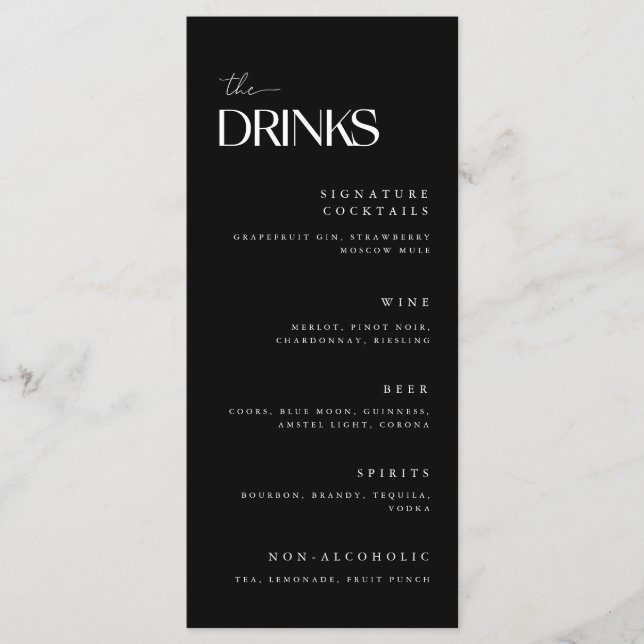 Bold Modern Black & White Wedding Drinks Menu (Front)