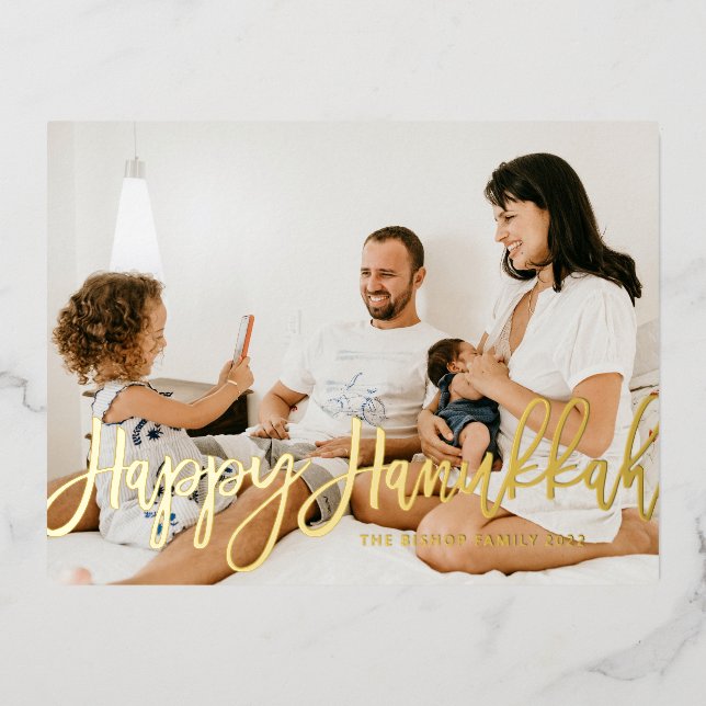 Bold Modern Calligraphy Happy Hanukkah Photo  Foil Holiday Postcard (Front)