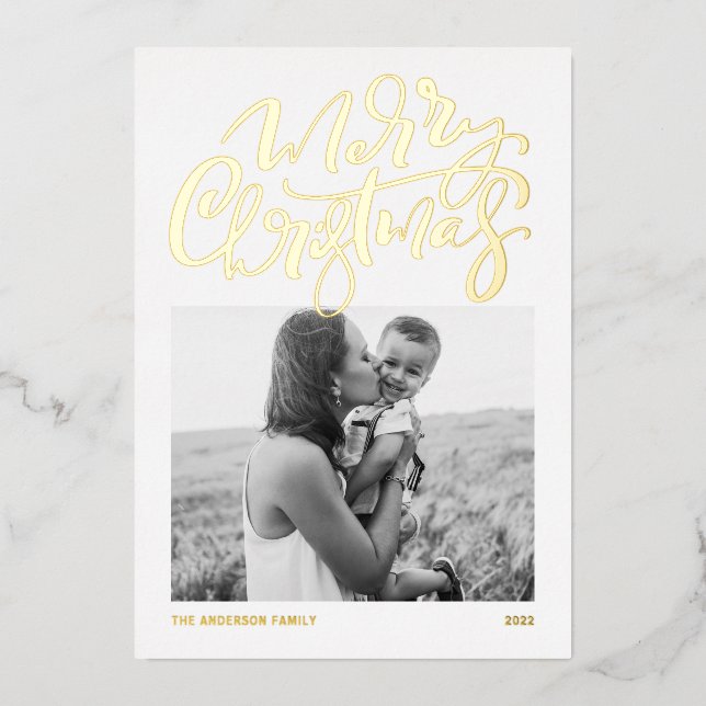 Bold Modern Calligraphy Photo Merry Christmas Foil Holiday Card (Front)